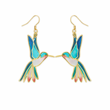 Gold Blue Enamel Hummingbird Drop Earrings