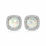 Elegant Silver Round White Fire Opal Stud Earrings